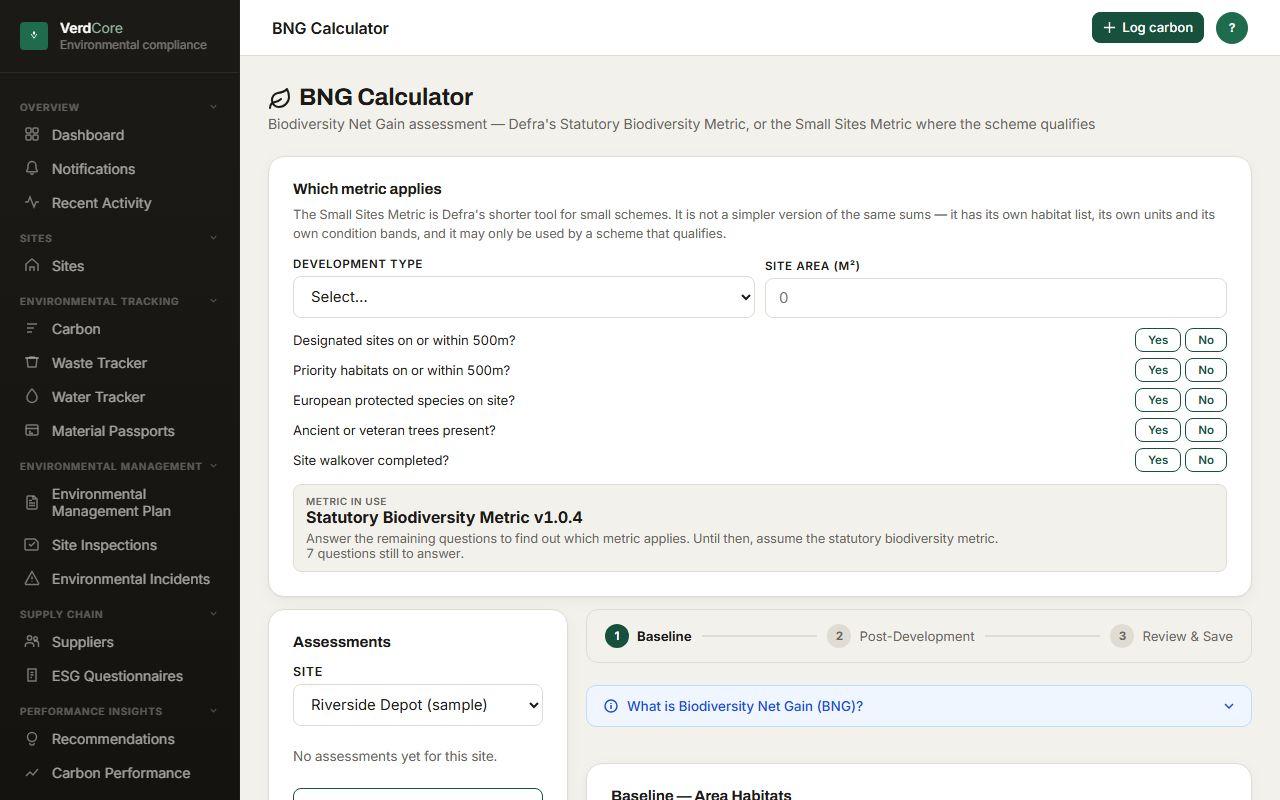 BNG Calculator — the biodiversity net gain calculator, screening a scheme to decide which Defra metric applies