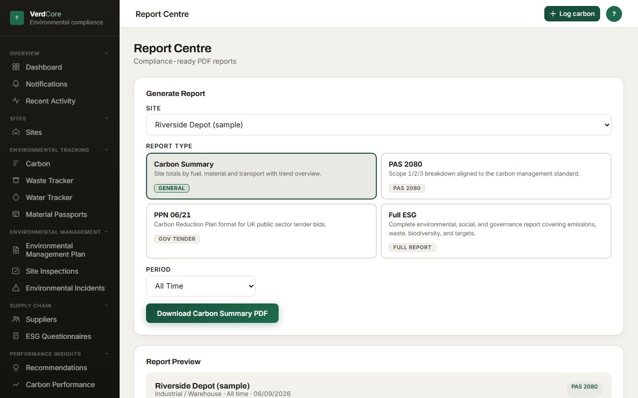 Report Centre — the report centre: PAS 2080, PPN 06/21 Carbon Reduction Plan and full ESG report formats