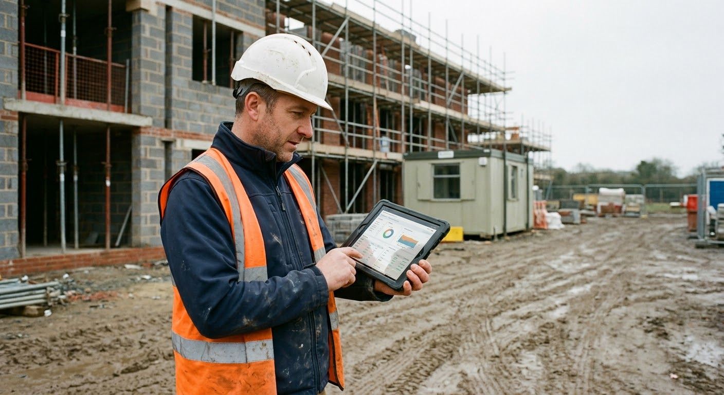 A site manager in a white hard hat and hi-vis reading a tablet in a muddy site
             compound, with a part-built block and scaffolding behind him.